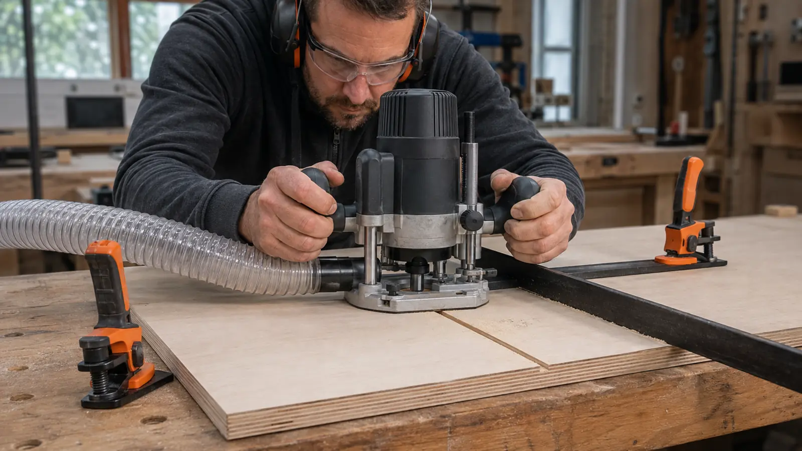 Woodworker using a plunge router and straightedge guide to cut a dado in birch plywood