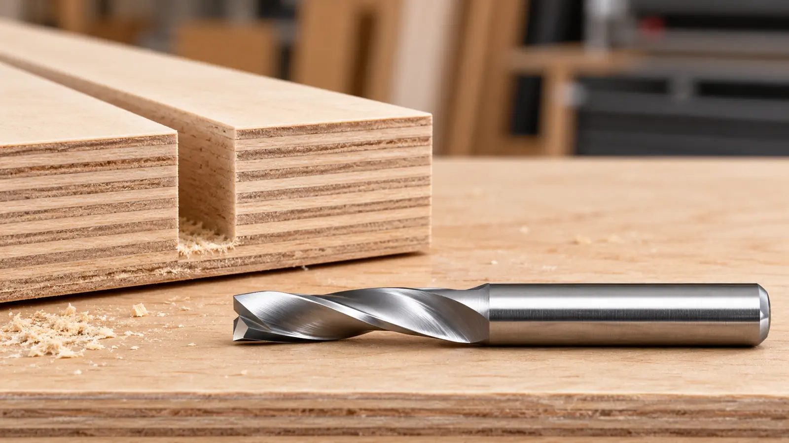 Solid-carbide spiral router bit beside a routed groove in plywood