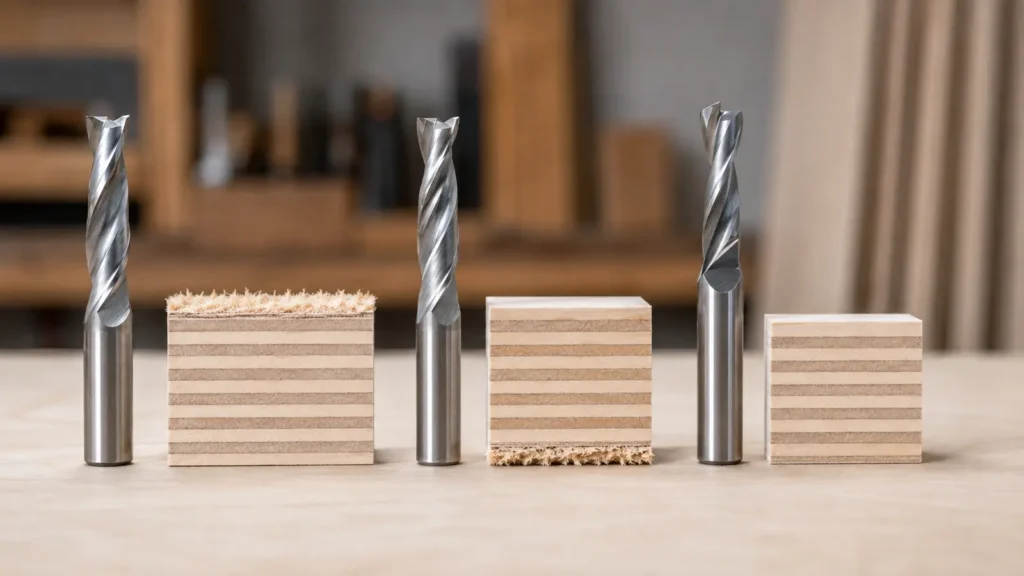 Spiral router bits compared with plywood samples showing face finish
