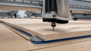 CNC router cutting plywood with a spiral bit and dust extraction